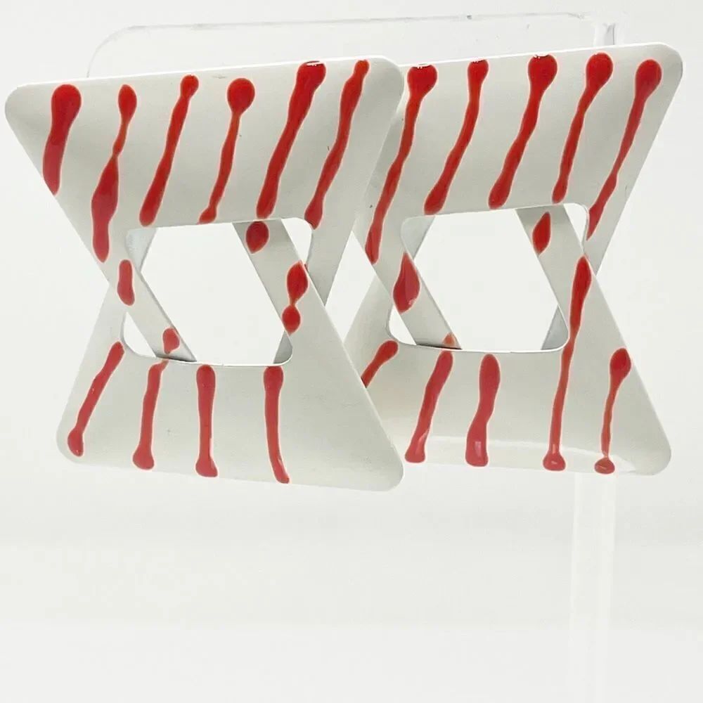 Vintage Costume Jewelry Metal Layered Triangle White Red Post Earrings Geometric